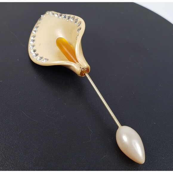 Vintage 1940's Celluloid Calla Lily Cream Clear Rhinestones 4" Stick Pin Brooch - Picture 3 of 15
